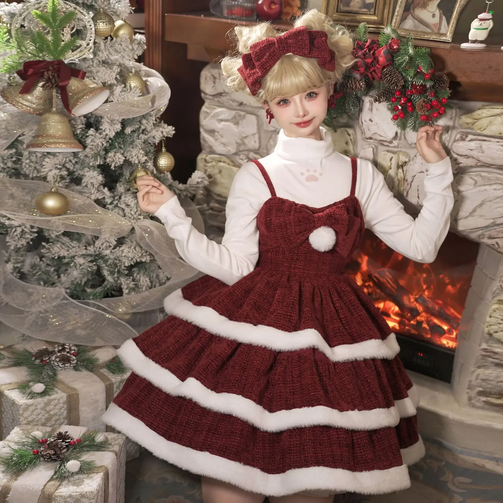 Christmas Sweet Lolita Vintage Dress Women Elegant Bow Plush Shawl Short Jackets Mini Red Suspender Cake Dress Retro Clothing