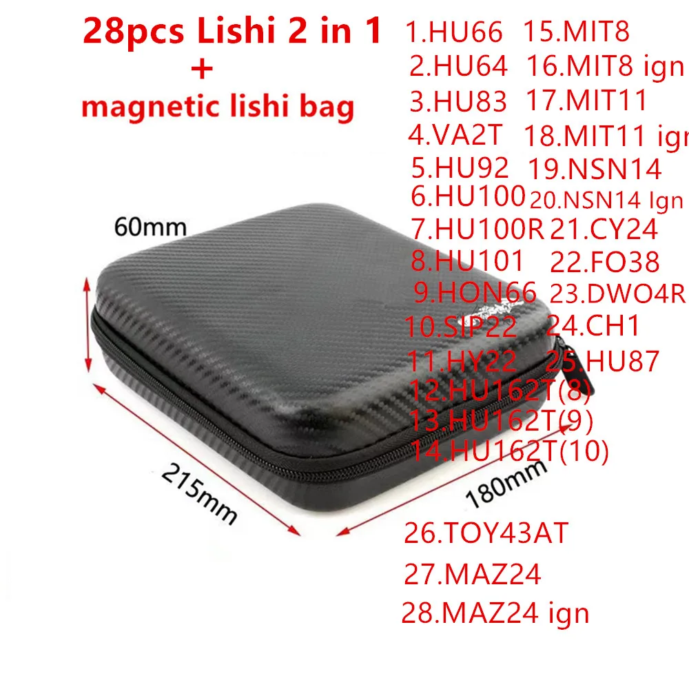 Narzędzie 28 szt. Lishi 2 w 1 2 w1 z magnetyczną torba do noszenia torba na zamek błyskawiczny HU66 HU64 HU100 HU101 NSN14 CY24 FO38 HU87 HU92 SIP22