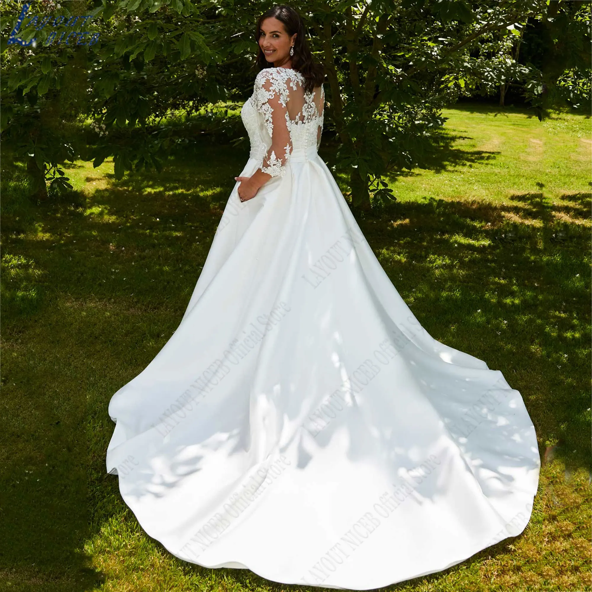 LAYOUT NICEB O-Neck A-Line Bride Dresses Full Sleeves Satin Wedding Gowns Backless Back Buttons vestido de novia 2024 Customized