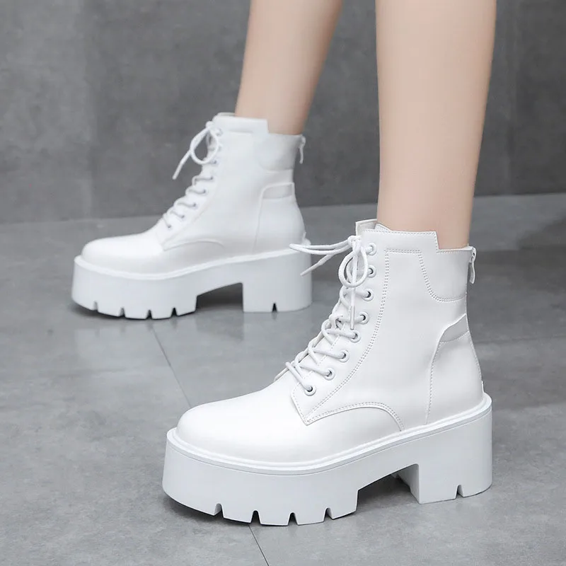 

Women's Platform Boots Ankle Short Boots Women Autumn Winter Lace-up Heel Ladies Shoes Waterproof Leather Booties Botas Mujer