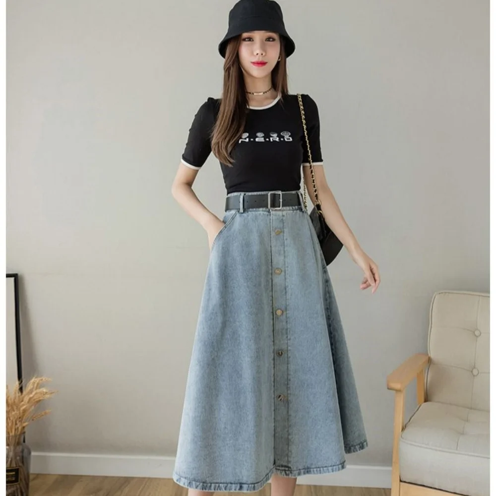 Plus-Size Denim Skirt Women\'s Faldas Mid-Length Black High-Waisted Slimming Single-Breasted A-Line Skirt Ropa De Mujer Dresses