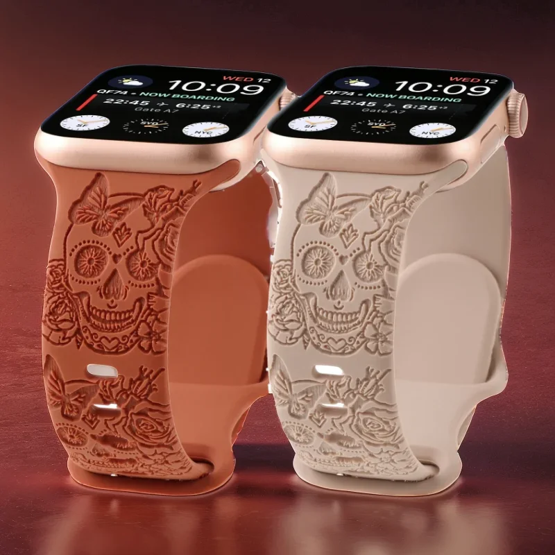 Silicone strap for Apple watch band Carved Skull flower engrave Iwatch987654se solo loop 40 42 44 41 45 49mm butterfly  wrist