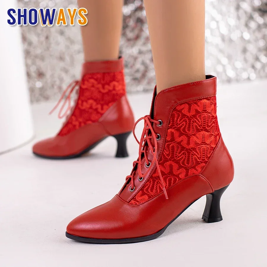 Spring Winter Women Victorian Ankle Boots High Kitten Heel Vintage Party Dress Lady Pointed Toe White Black Lace Up Short Boots