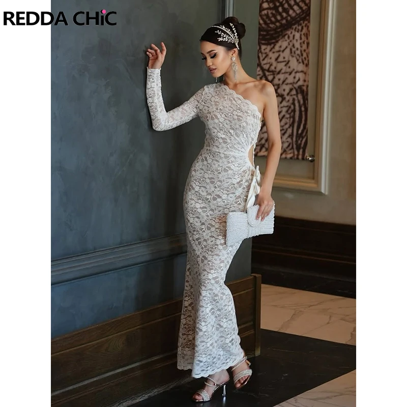 

Красное кружевное платье ReddaChic с цветочным узором, женское кружевное платье макси с длинным рукавом, на одно плечо, облегающее, для дня рождения, сексуальная одежда