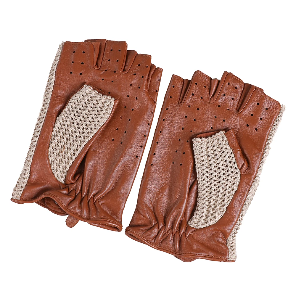 Guantes de conducción de cuero genuino para hombres, guante sin dedos de motocicleta, piel de oveja con ganchillo de algodón