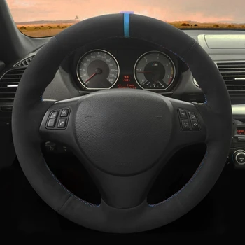 DIY 핸드 스티치 블랙 스웨이드 자동차 핸들 커버, BMW M 스포츠 M3 E90 E91 E92 E93 E87 E81 E82 E88 X1 E84