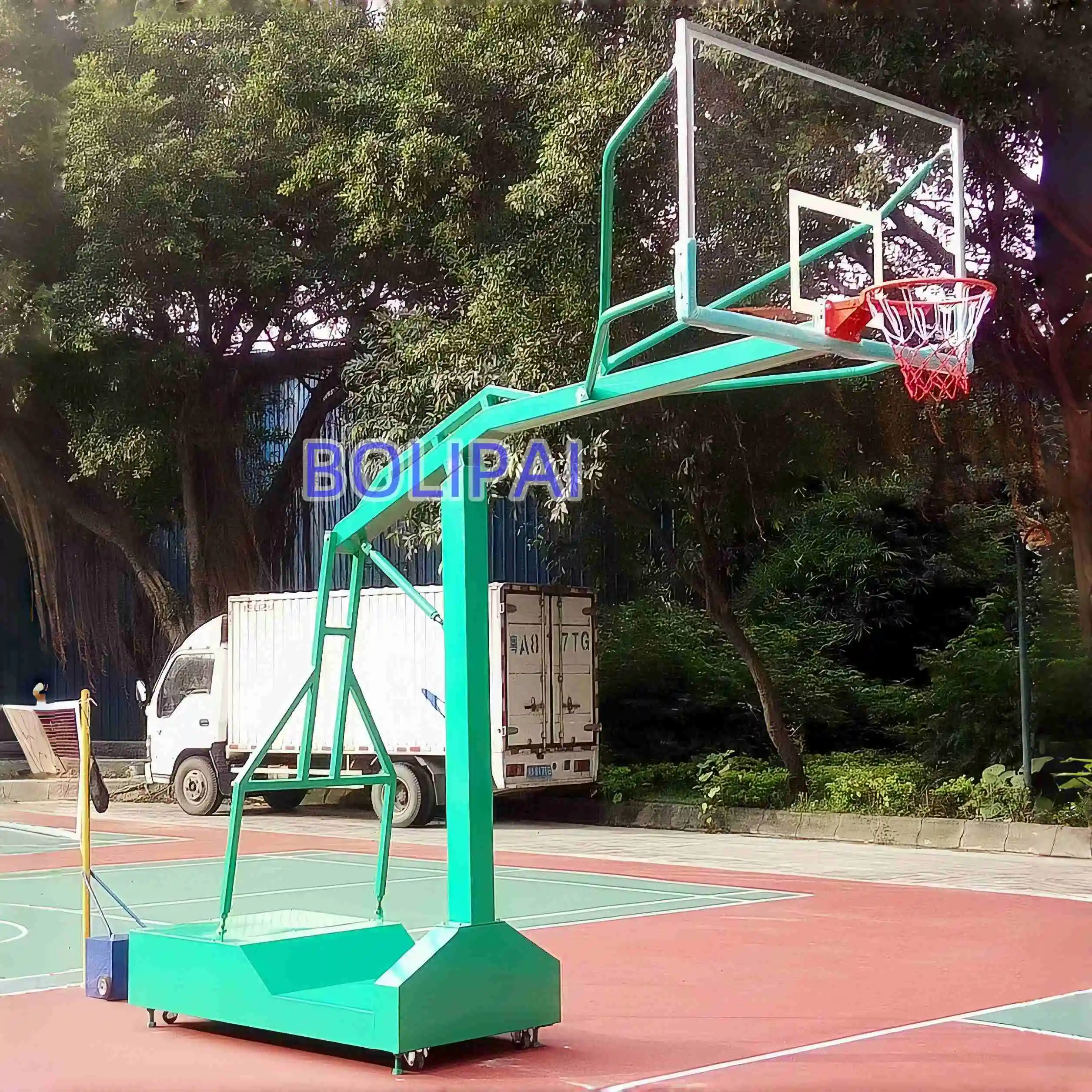 แป้นบาสเก็ตบอลแบบปรับได้สำหรับใช้งานกลางแจ้ง โครงโลหะแข็งแรง ขอบแป้นทำจากกระจกนิรภัย ราคาโรงงานถูก พร้อมคุณสมบัติเคลื่อนย้ายได้