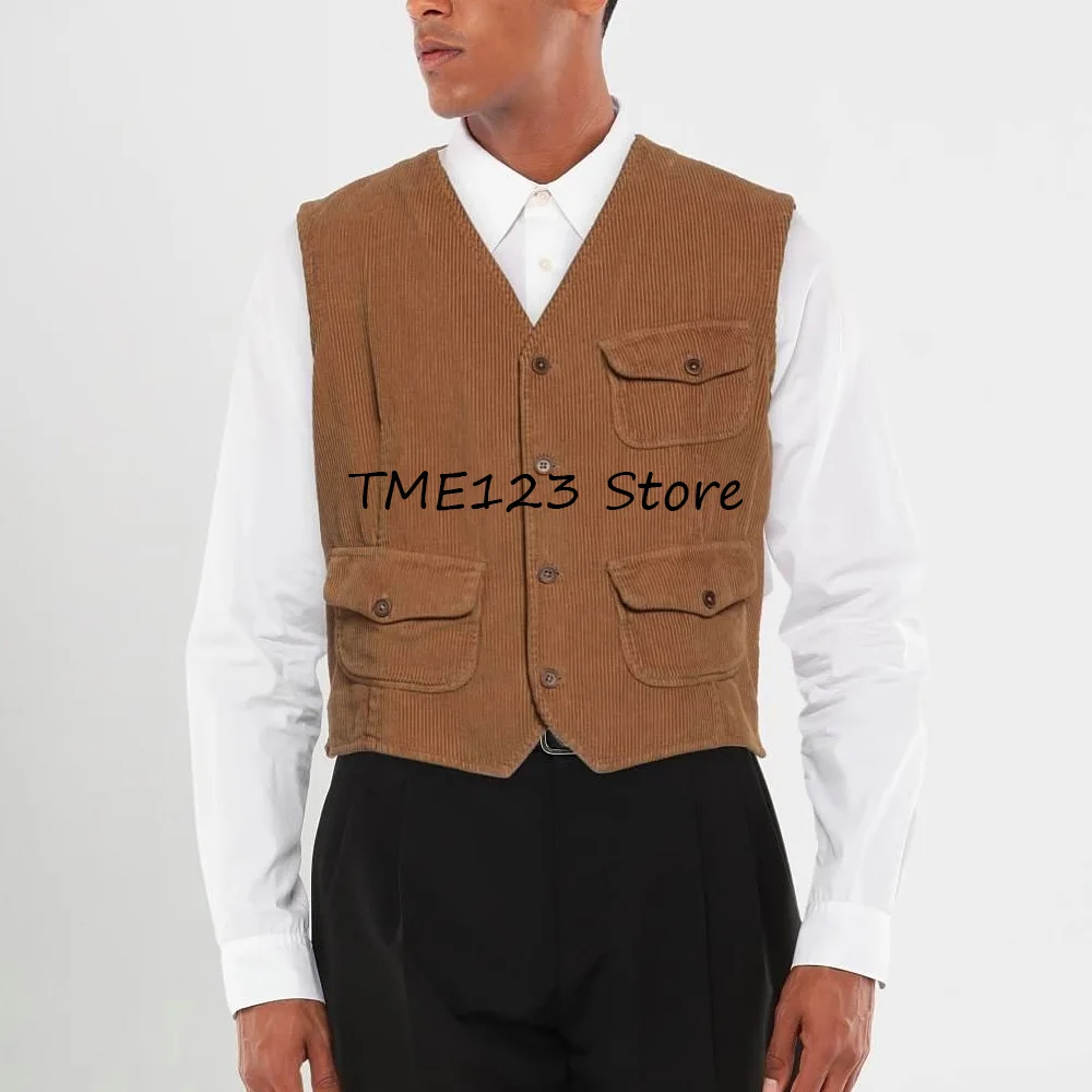

Men's Vest Three Pockets Vests for Men V-neck Casual Fashion Suit Corduroy Single-breasted Work Sleeveless Suits Blazer Clothing