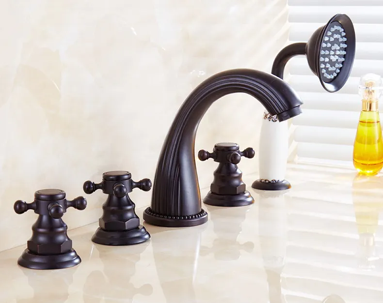 

Black Oil Rubbed Antique Brass Three Cross Handles Deck Mounted 5 Holes Bathroom Tub Faucet Mixer Tap With Handshower mtf056