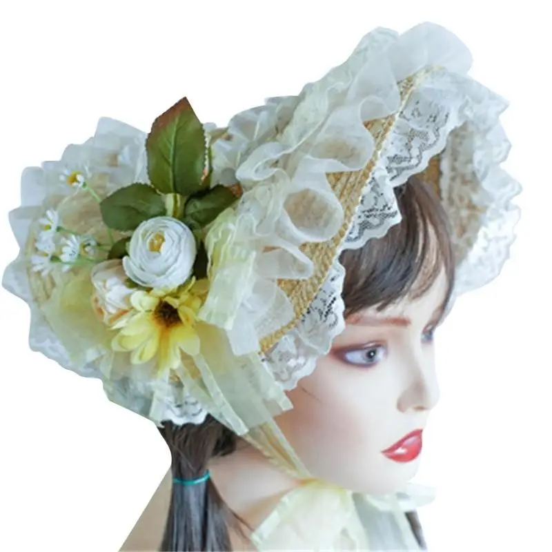 39BD Strohhut Spitze Fascinators Für Frauen Lolit Strohhut Tees Party Sonnenhut Viktorianischen Kopfschmuck Viktorianische – Detail 4