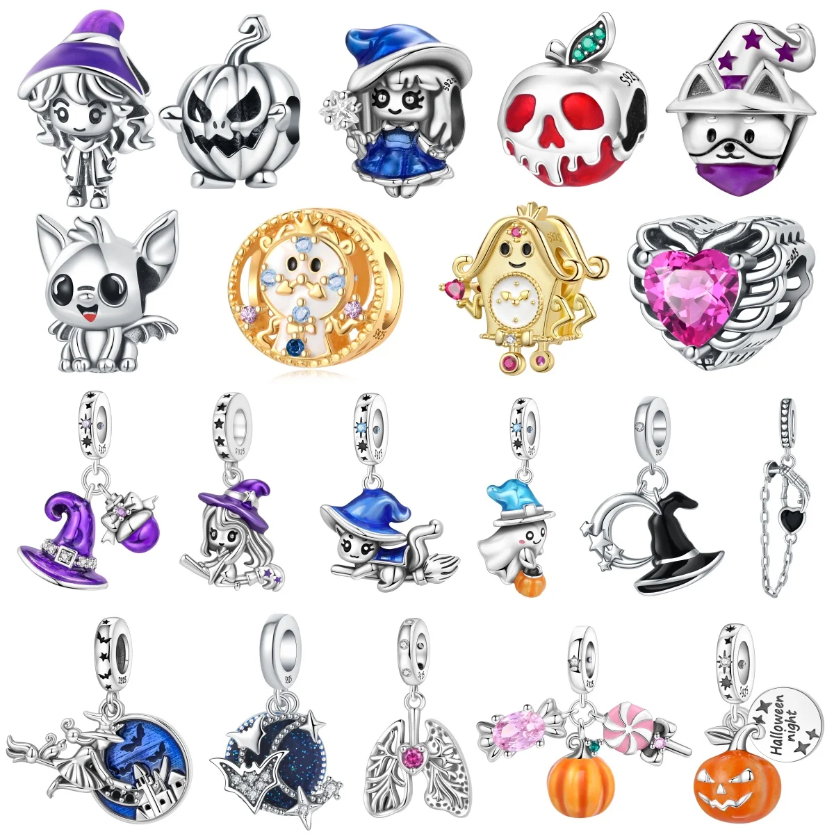 MISEFF S925 Sterling Silber Charm Anhänger Kürbis-Hexe Halloween für Armband DIY Schmuckherstellung Halloween-Party-Feier