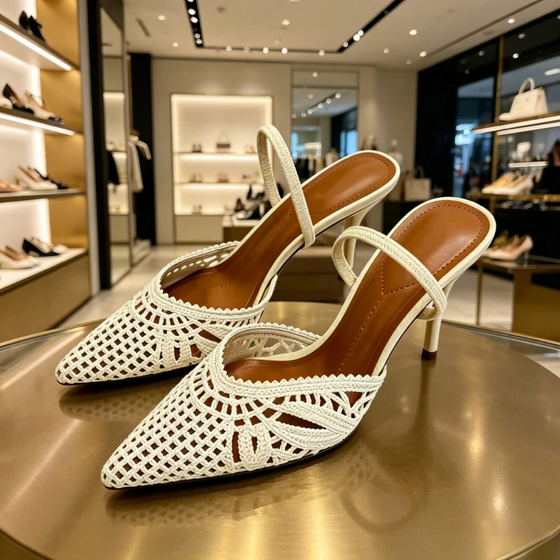 Women White Crochet Woven Mesh Slingback Stiletto Heels Pointed Toe Slip On Summer Wedding Party Sandals