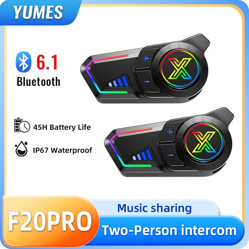 YUMES F20 Pro Motorradhelm Bluetooth-Headset 800M Zwei-Personen-Intercom IP67 Wasserdicht FM-Radio Freisprechfunktion Musikfreigabe