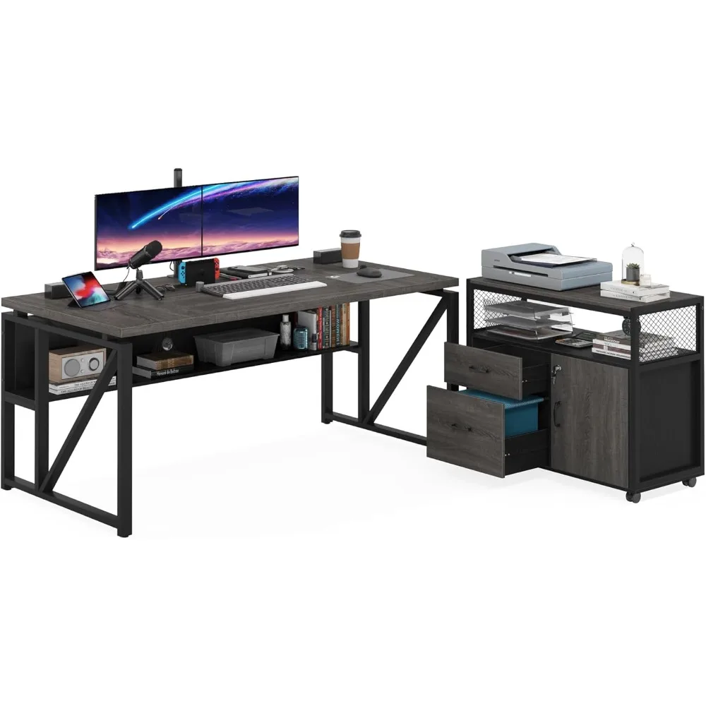 63 Inches Office Desk with Drawers，L Shaped Computer Desk with Storage Shelves and Mobile File Cabinet, Executive Desk