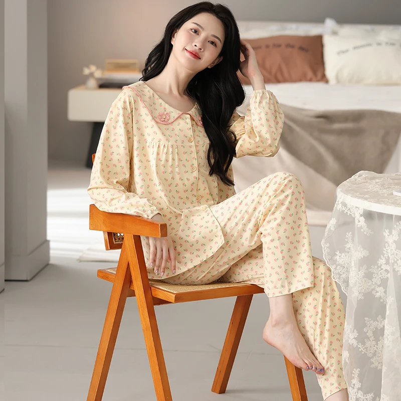 long-sleeved shirt tops+long pants strawberry pajamas sets modal cotton nightwear M-4XL flowers pyjamas female autumn sleepwear