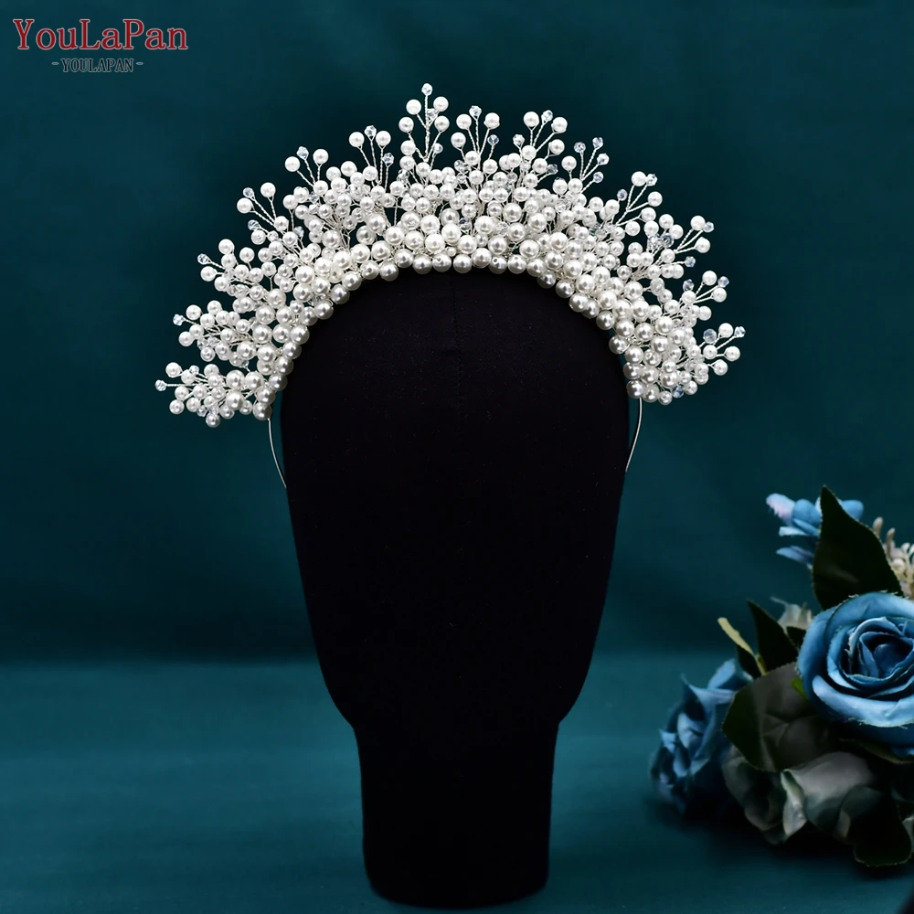 

YouLaPan Wedding Pearls Crown Bridal Beaded Headband Woman Dress Jewelry Hair Accessories Classic Tiaras Girl Birthday HP598