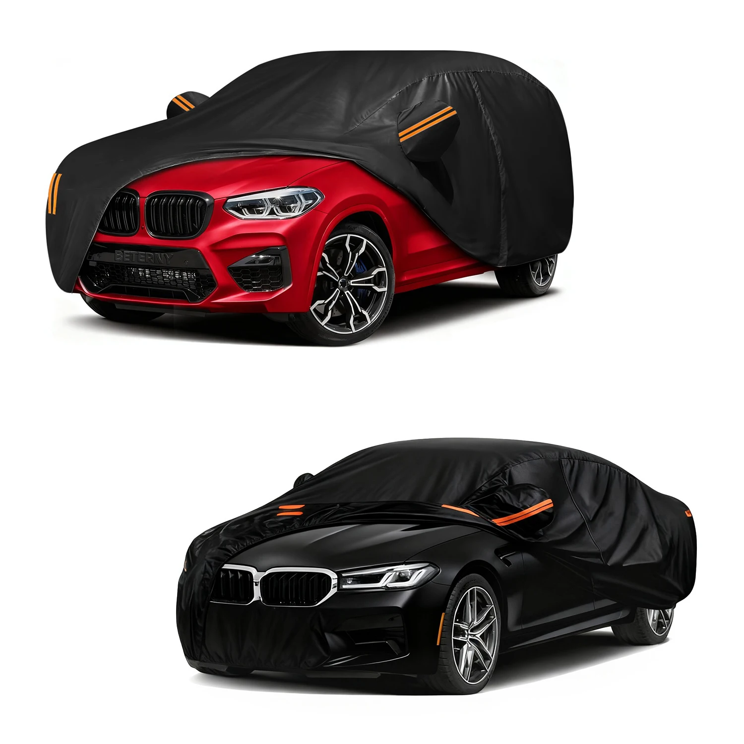 

Черный чехол для автомобиля с молнией и оранжевыми светоотражающими полосами, легко устанавливается, подходит для седанов и внедорожников.