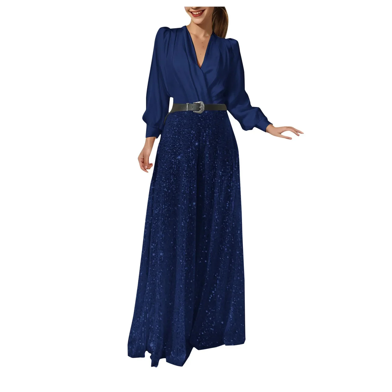 Glitter Jumpsuits Women Elegant Shirts And Wide Leg Pants Jumpsuit Sexy Deep V Neck Sexy Club Rompers And Jumpsuits for Women