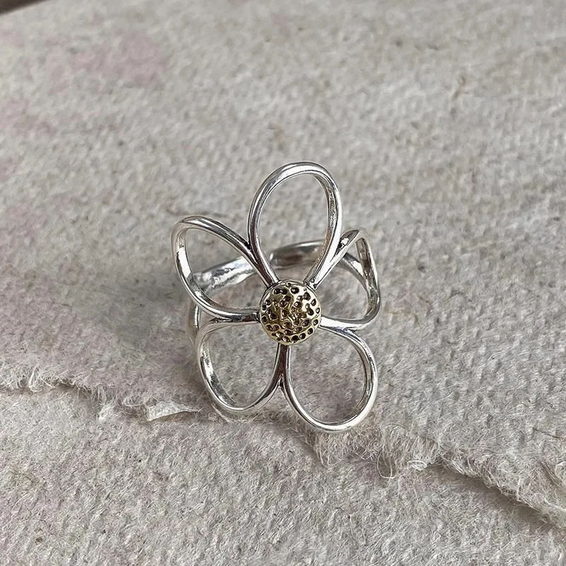 925 Sterling Silver Rings For Women Jewelry Flower Openwork Designer Vintage Adjustable Ring Luxury Jewellery Gift