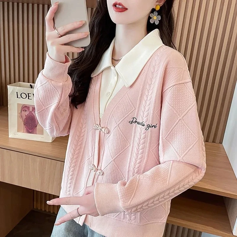 

2025 New Autumn Winter Fake Two Cardigan Sweater Women Long Sleeve Single-Breasted Knitted Coat Female Casual Loose Ladies Tops