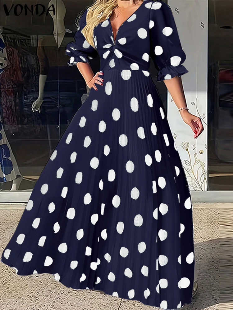 Plus Size VONDA Women Dot Printing Dress Bohemian Half Sleeve Long Dress Elegant V-neck Sundress Sexy Ruffles Sweety Maxi Robes