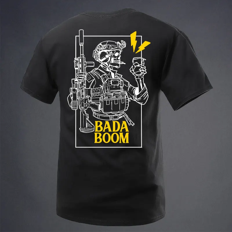 Military Style Tough Guy Style Bada Boom Skull Round Neck Short Sleeved T-shirt Tough Guy Clothing Military Enthusiast
