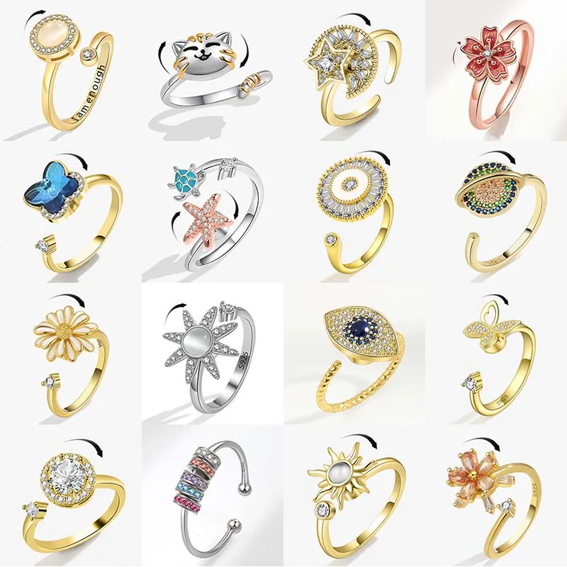 SMJEL Fidget Spinner Ring Anxiety for Women Crystal Demon Eyes Anti Stress Rings Flower Planet Sun Rotating Jewelry Wedding Gift