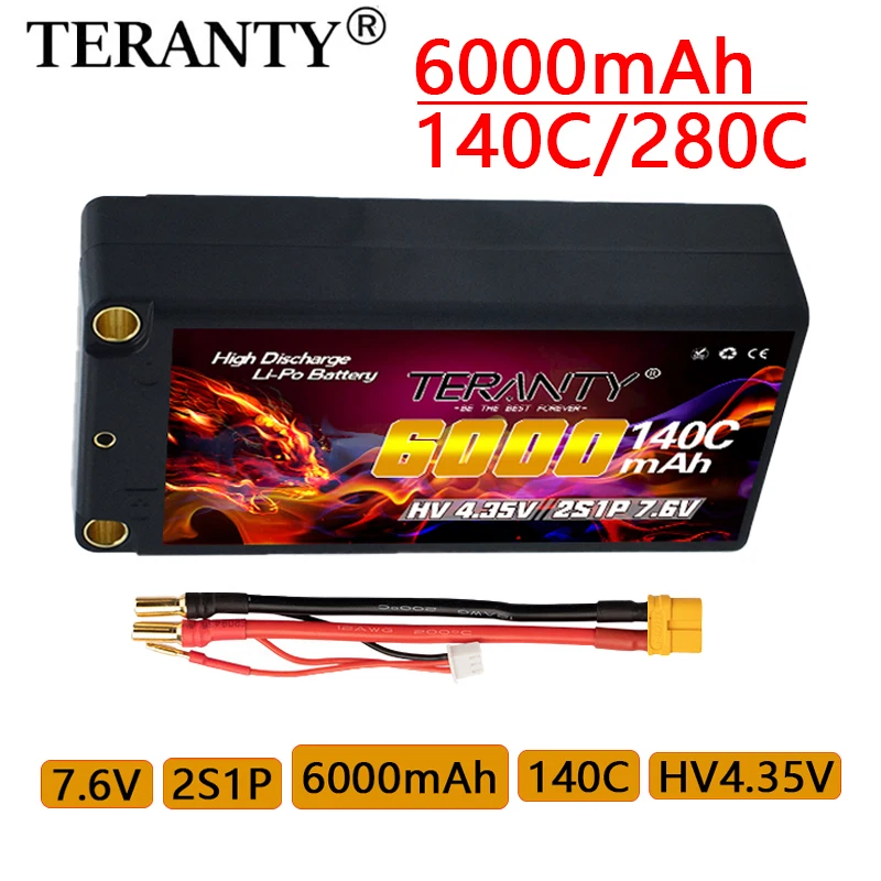 Upgradedl TERANTY 7.6V 2S 6000mAh 140C/280C HV Lipo Battery compatible with 1/10 remote control racing RC model tank battery