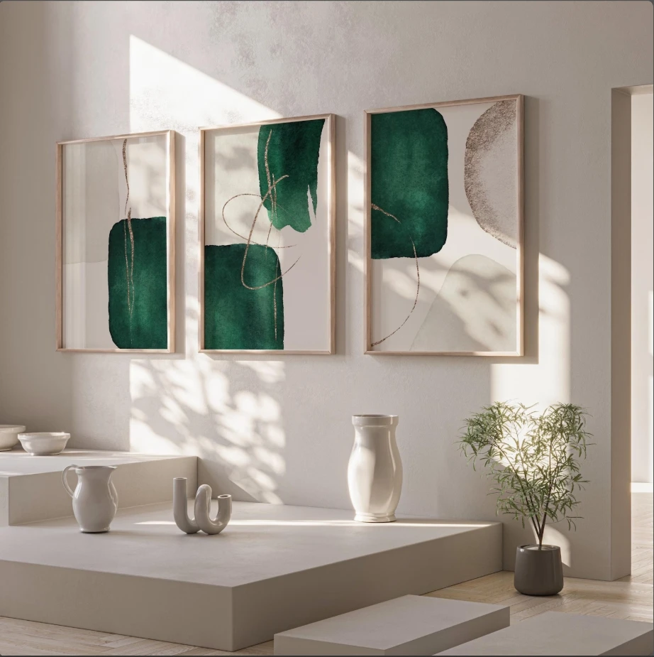 Green Gold Wall Art Prints in a Set of 3, Emerald Green Wall Art, Green Abstract Art, Minimalist Wall Art, Living Room Decor