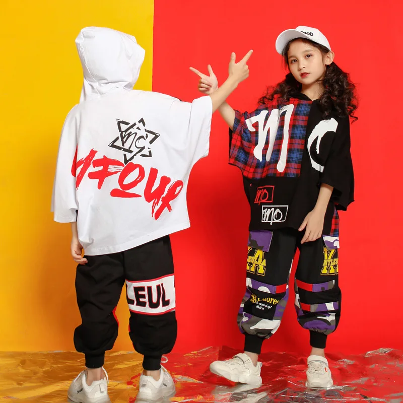 Children Sets Stage Dance Clothing Boys Girls Streetwear Hip Hop Sport Short Sleeve Hooded T-shirt Cargo Pant Kids Tracksuit