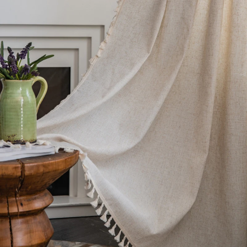 

Бежевые льняные текстурированные шторы в стиле бохо с кисточками и карманами для стержней, полузатемняющие оконные шторы в деревенском стиле для гостиной, спальни
