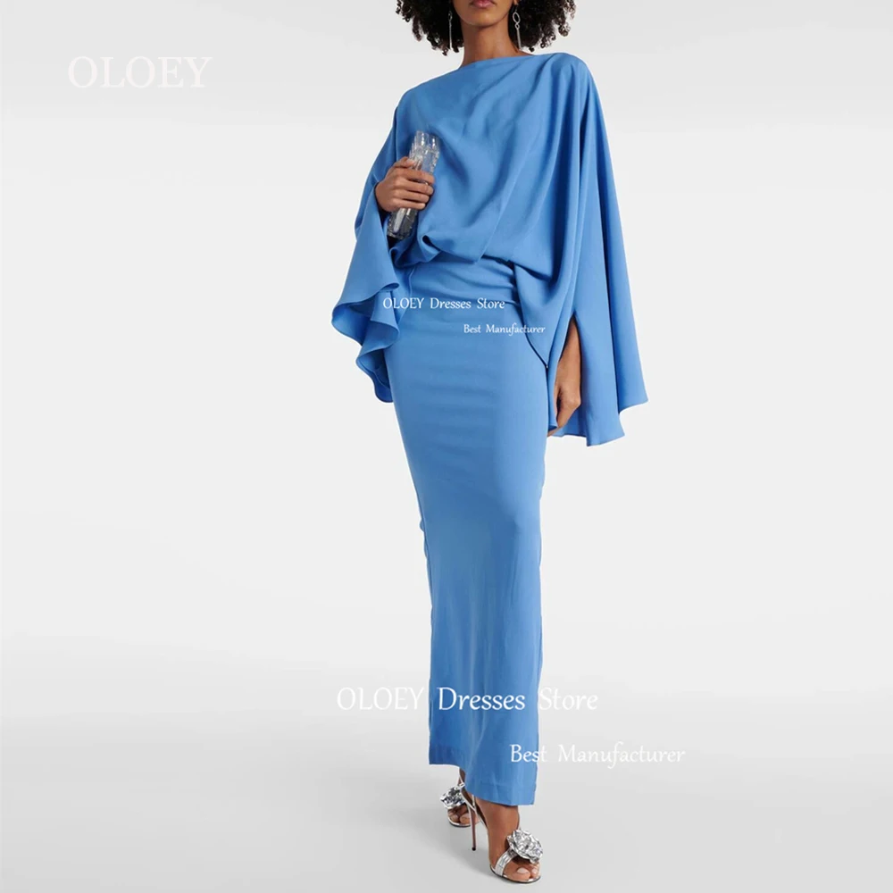 

OLOEY Arabic Modest Blue Straight Evening Dress Long Sleeves Pleats Boat Neck Wedding Party Dress Ankle Length Back Slit Custom