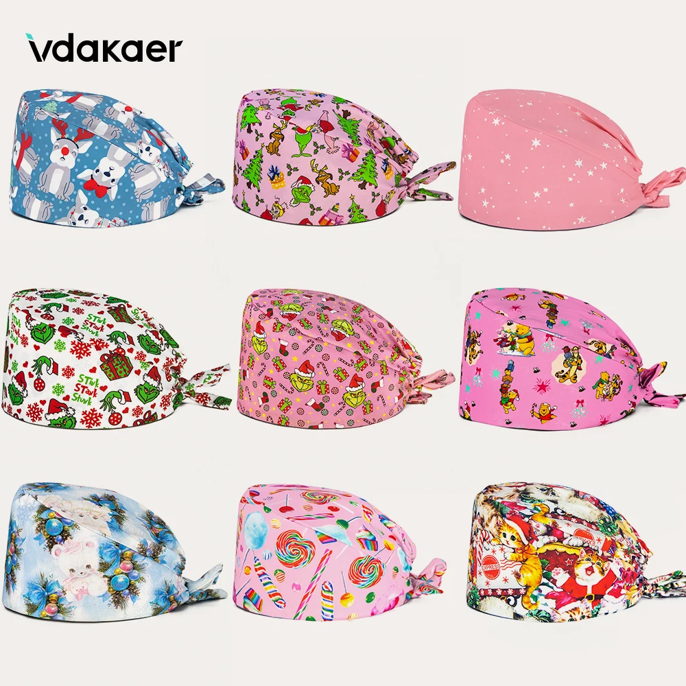 2024 novo natal esfrega bonés médico esfrega chapéu dos desenhos animados impressão boné cirúrgico pet shop laboratório trabalho esfrega headcap