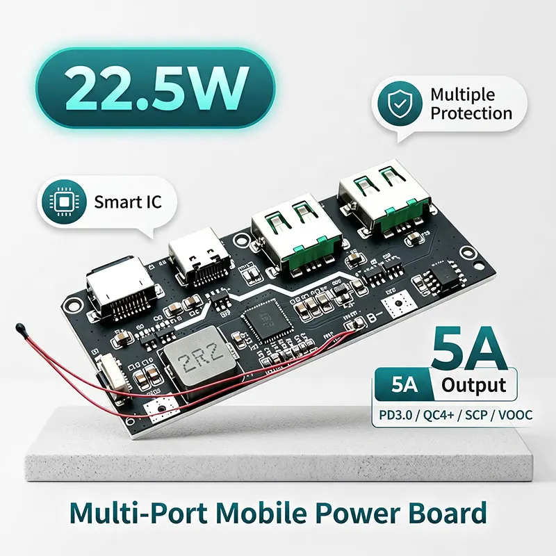 Fast Charging Power Bank Module 22.5W 5 Port QC4 PD3.0 Bidirectional Quick Charge Mobile Power Supply Circuit Board