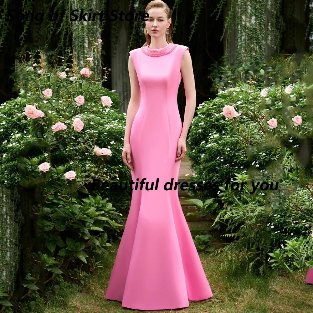 

Индивидуальные вечерние платья ярко-розового цвета из атласа с рюшами, фасон «русалка», длиной в пол, с круглым вырезом, короткими рукавами, для выпускного вечера, свадебных торжеств и вечеринок