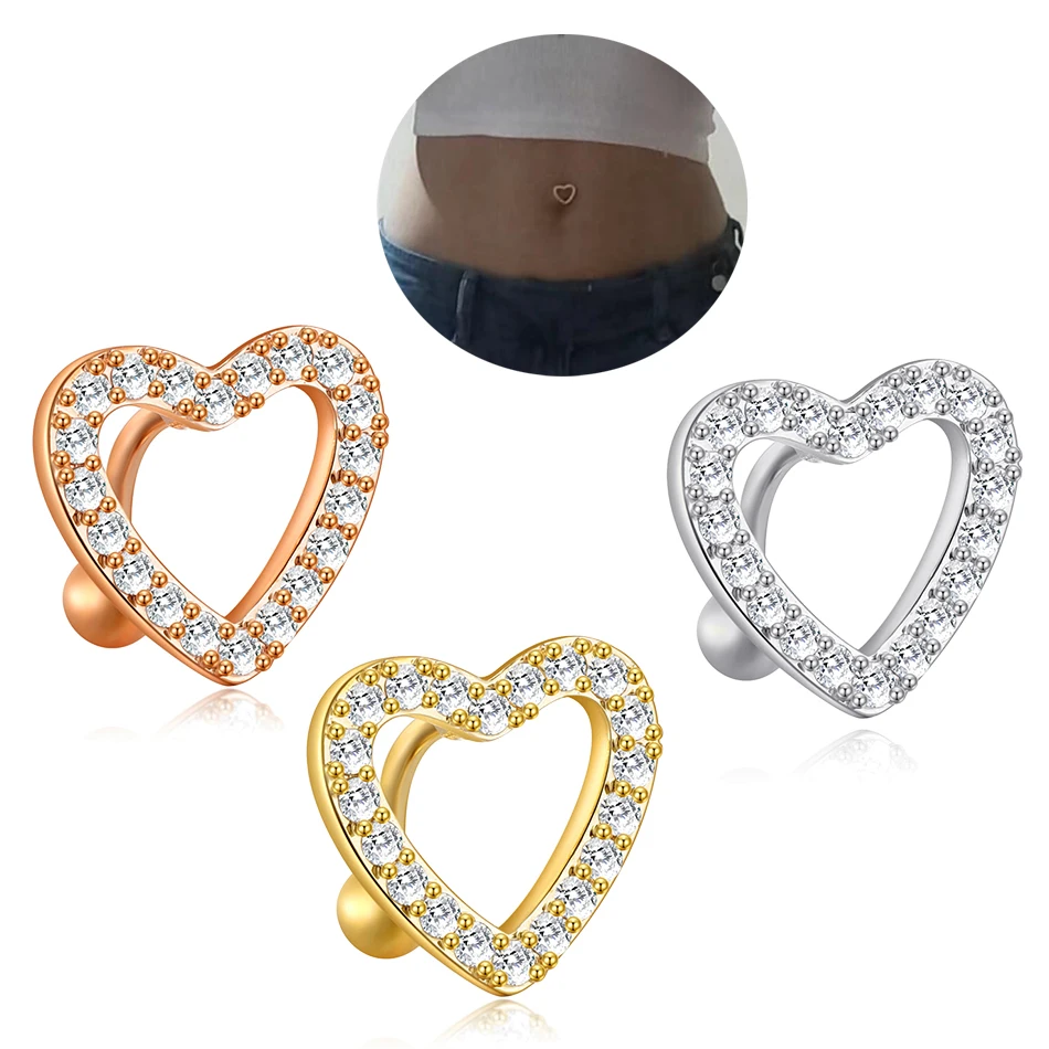 1Pc Stainless Steel Heart Shape Belly Button Ring Navel Piercing Reversed Bar Barbell Belly Navel Ring Women Body Jewelry 14G