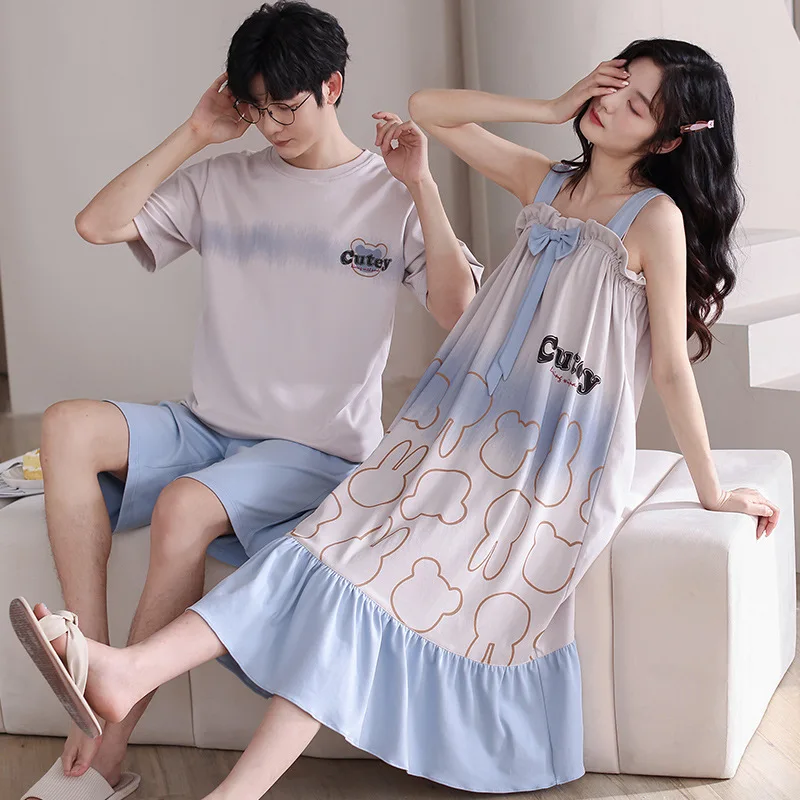 

Big Size M-3XL Couple Pajamas Set Summer Men Short-Sleeved Sleepwear Women Nightgown 100% Cotton Nightdress Sweet Pjs Dropship