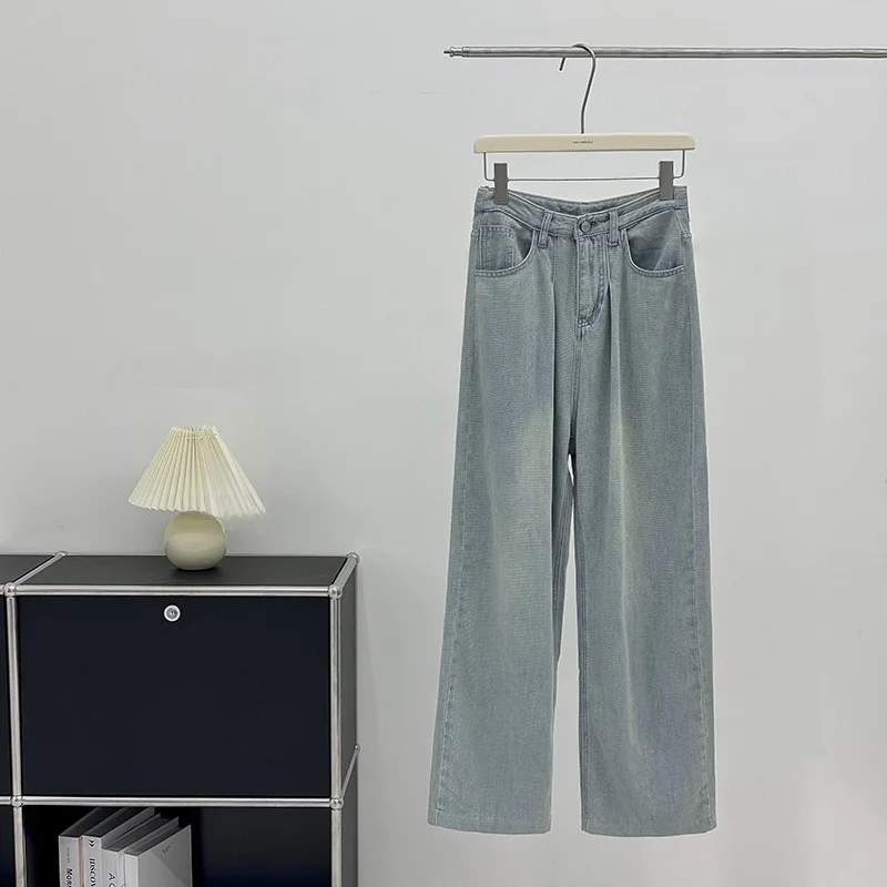 

Ice Blue Denim Wide Leg Pants Women's Casual Sweatpants Summer New Spor High Waist Cotton 00% Long Pants Regular Thin