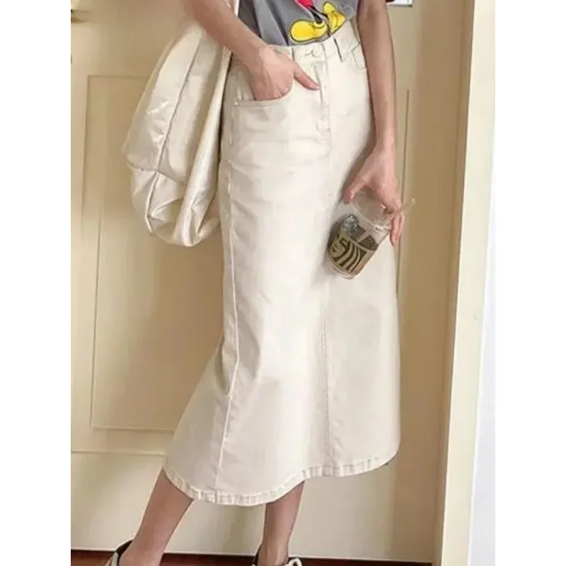 無地デニムロングスカート レディース ヴィンテージ カジュアル ハイウエスト スリット入り Aラインスカート 夏 2025 新作 シンプル Y2K スカート