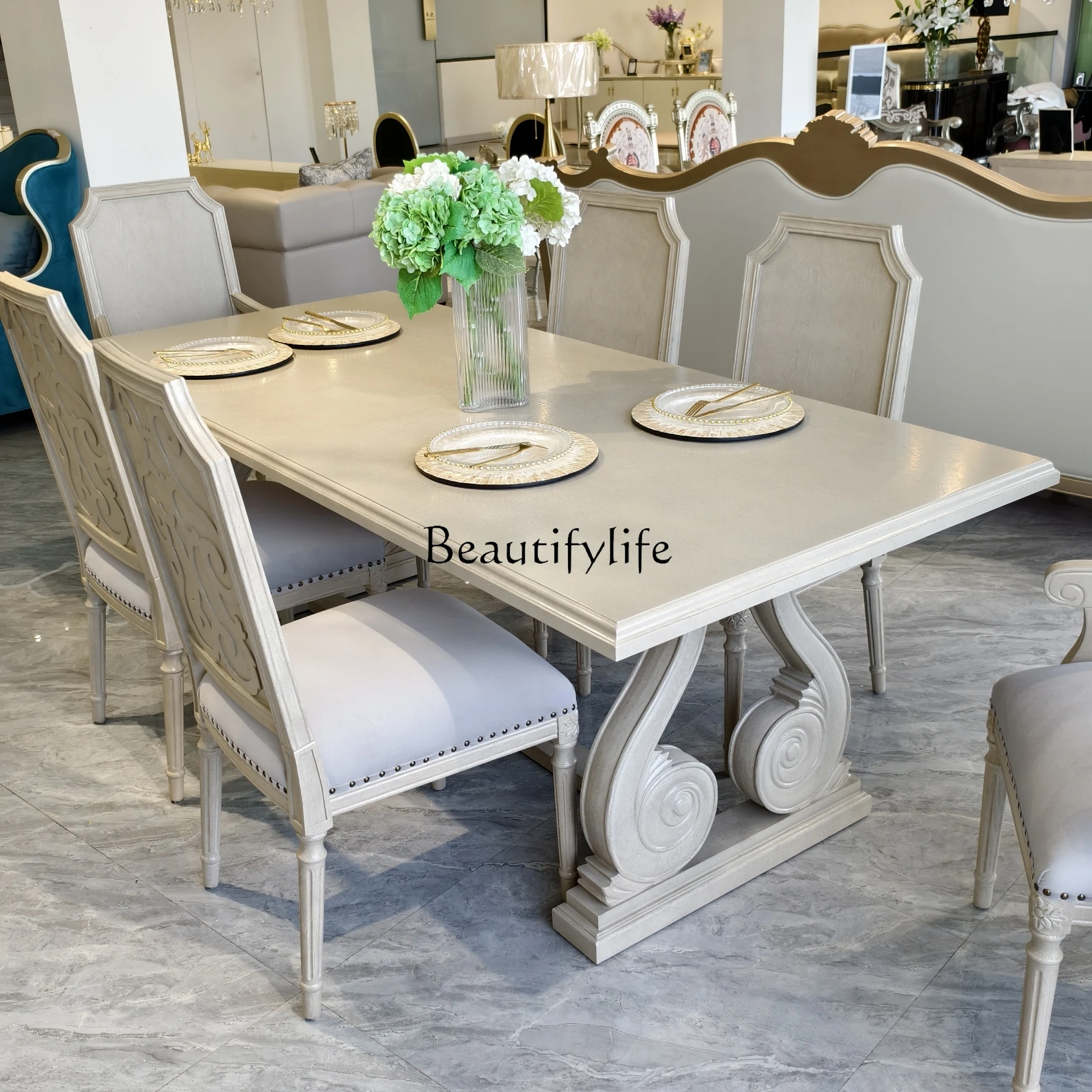 

American solid wood dining table and chairs combination French country retro old rectangular dining table