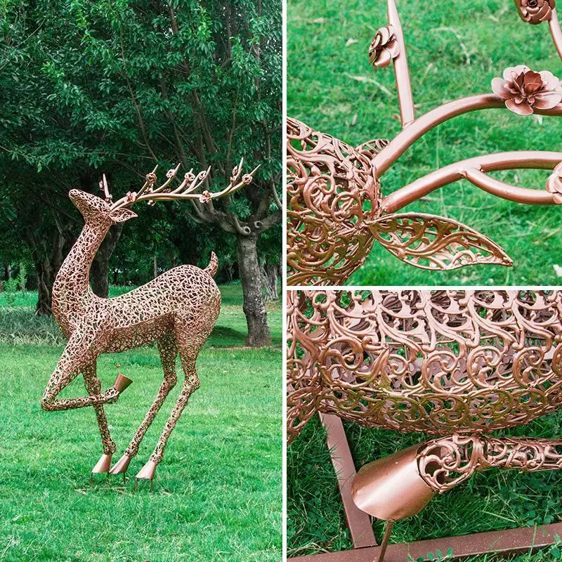 Escultura de ciervo de flor de ciruelo de arte de acero inoxidable para exteriores personalizada, decoración de suelo de ciervo hueco para césped y oficina de ventas de parque