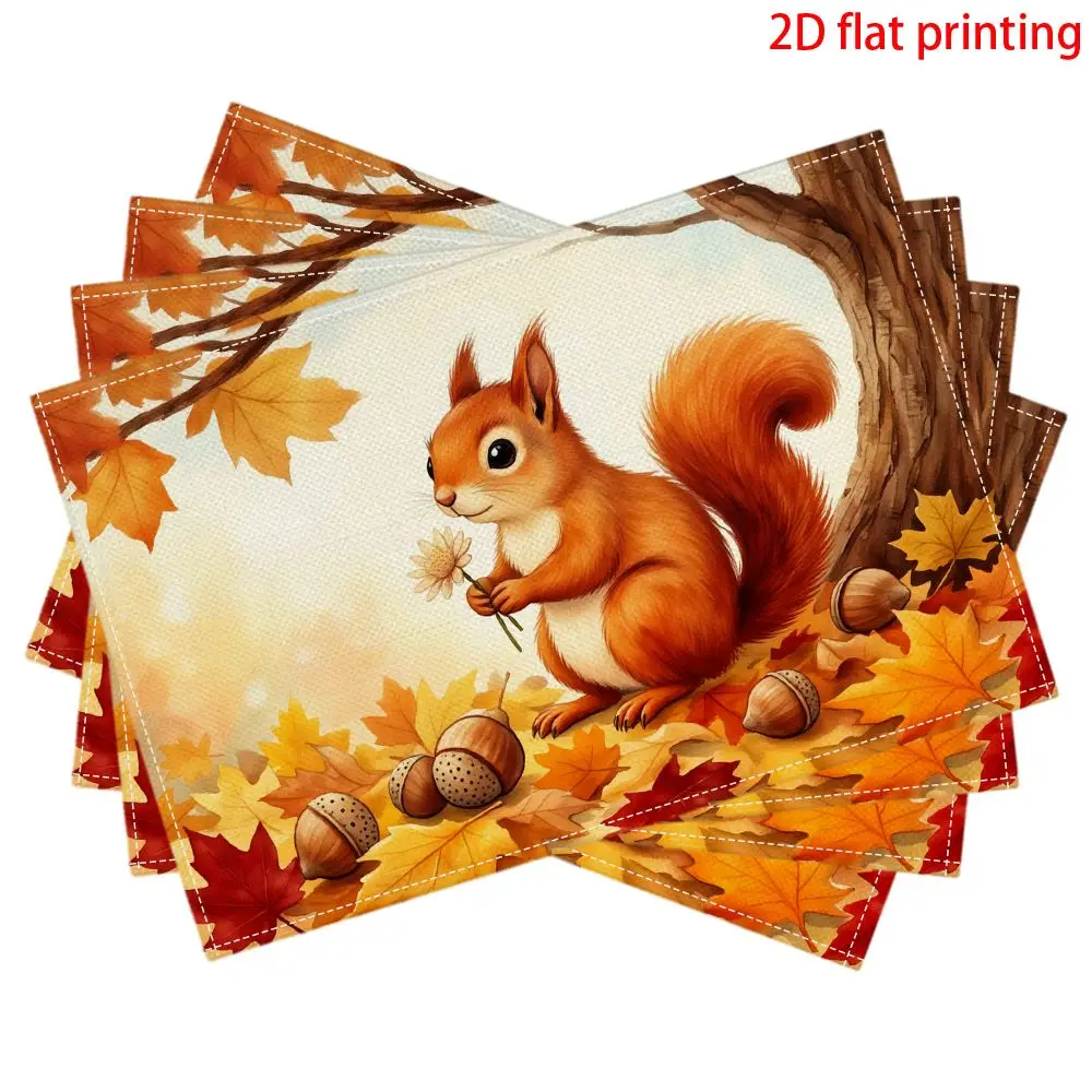4pcs 2D Flat Squirrel Acorn Autumn Placemats, Festive Table Decor for Holiday Dinners & Parties, 2D Flat