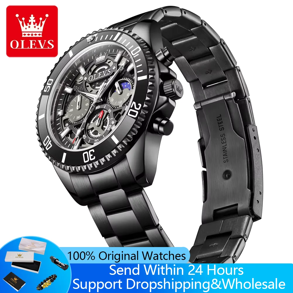 OLEVS 2990 Quarzuhren für Herren mit Ausgehöhltem Mechanischem Zifferblatt-Design Luxus Top-Marke Original Chronograph 24-Stunden Mondphase Herrenuhr