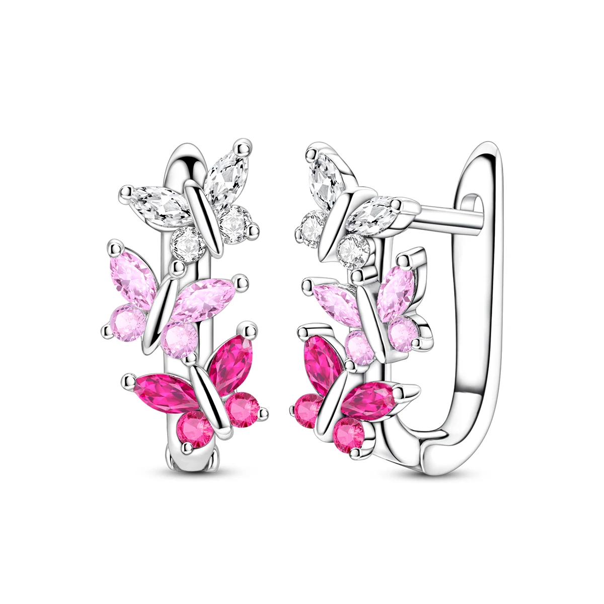 925 Sterling Silver Pink Gradient CZ Butterfly Huggie Hoop Earrings For Women Cute Triple Insect Leverback Ear Jewelry