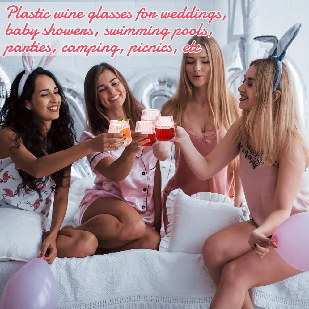 كؤوس نبيذ بلاستيكية غير قابلة للكسر - 50 عبوة، تصميم مضلع وردي 14 أونصة، مثالية للاستخدام الخارجي والداخلي، طراز عتيق El
