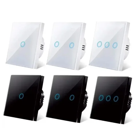 European AC100-240V Tempered Black White Crystal Glass Touch Switch Panel Wall Light Sensor Button 1/2/3 Gang 10A Interrupt