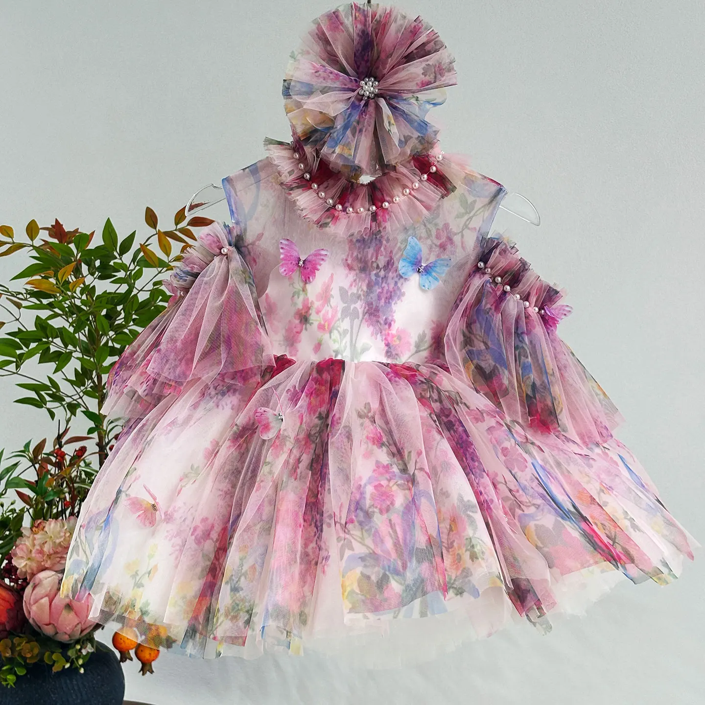 Jill Wish J052 Floral Baby Puffy Sleeve Adorable Girl Dress High Neck Knee Length Princess Wedding Birthday Party Ball Gown