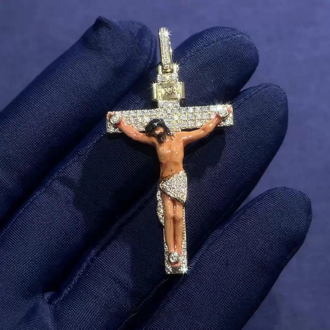 Hiphop Custom Moissanite Pendant 925 Sterling Silver Iced Out Cross Enamel Moissanite Jesus Pendant