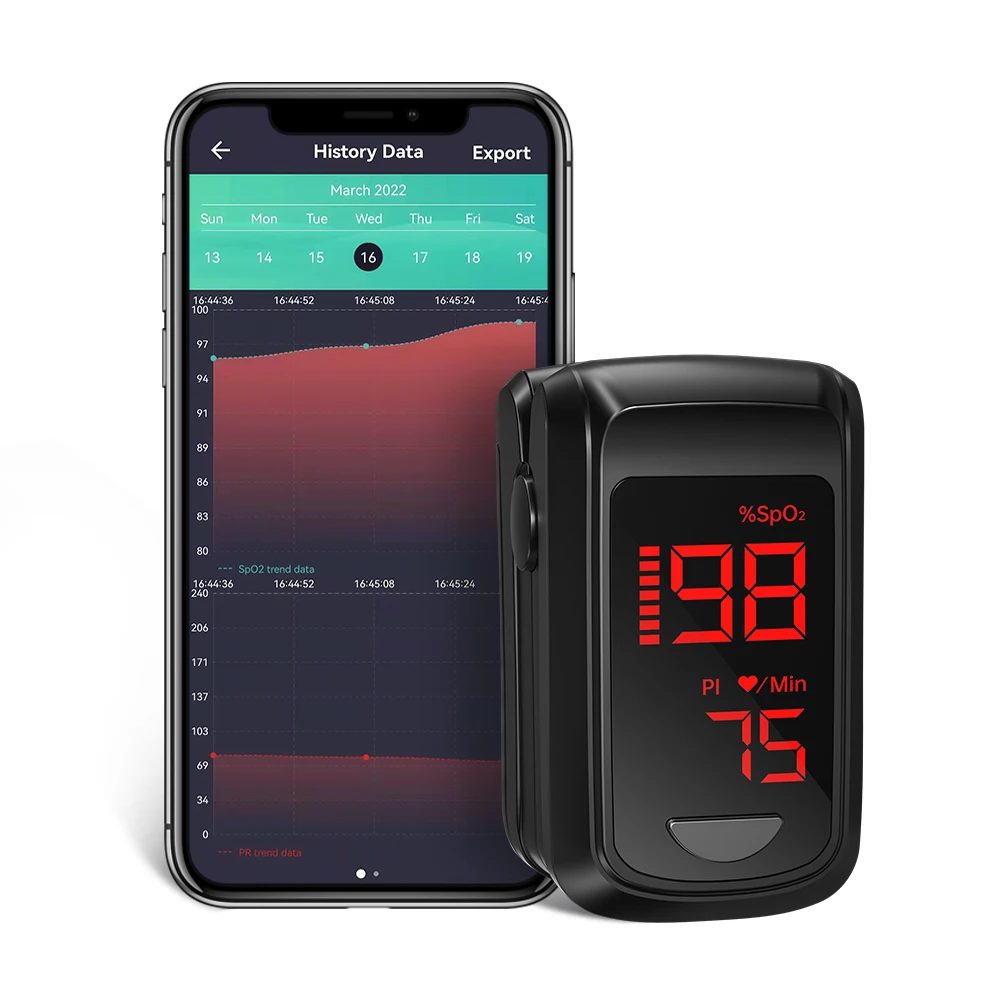 HealthTree Bluetooth Fingertip Pulse Oximeter APP Control Blood Oxygen Saturation Monitor PI PR Fast Spo2 Reading Oxygen Meter