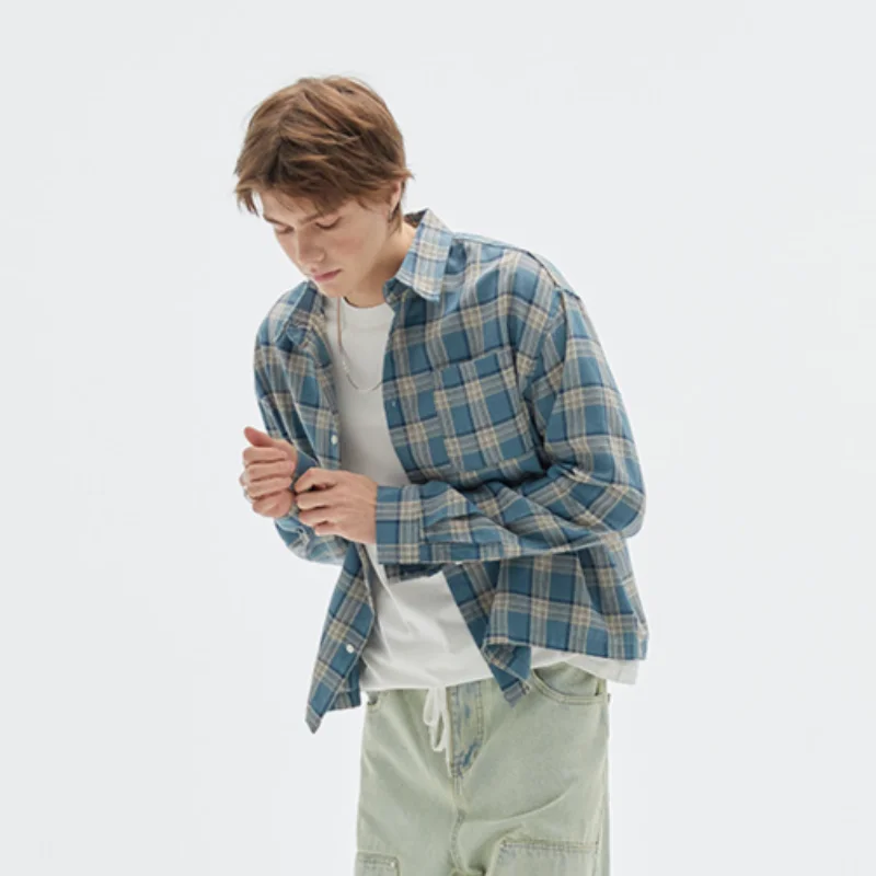 MWJLPWQ Spring Autumn New Trendy Short Design Plaid Tops Unisex American Style Streetwear Long Sleeve Loose Casual Shirt 20655